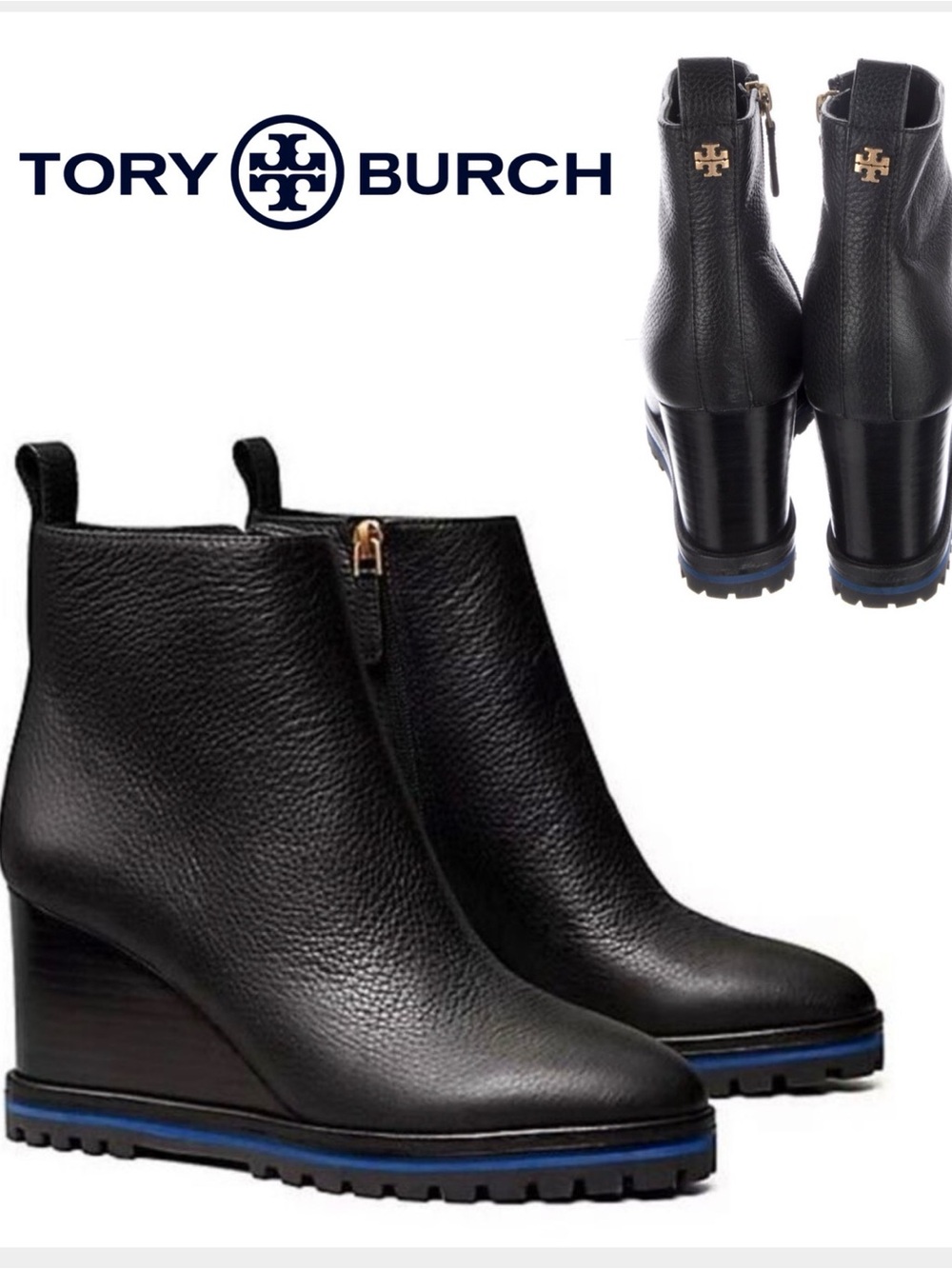 Tory Burch Black Leather lug sole Wedge Ankle Boots